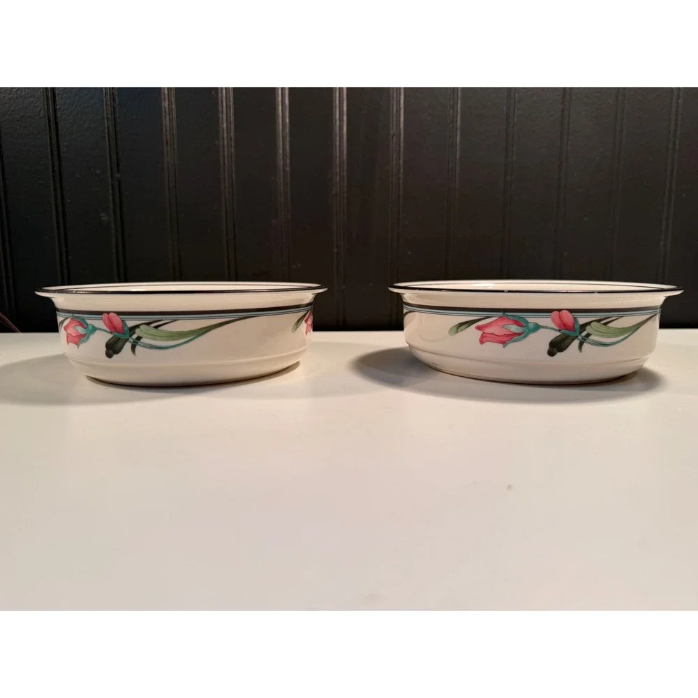 Lenox Midnight Blossoms Chinastone Cereal Bowls Set of 2 Pink Floral Black Trim